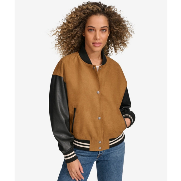 Levi’s Women's Mixed Media Varsity Bomber Jacket, Tan NWT XS - Picture 3 of 12